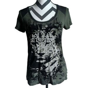 Rock & Republic Leopard Print T-Shirt S Green Black Faux Leather Trim Womens